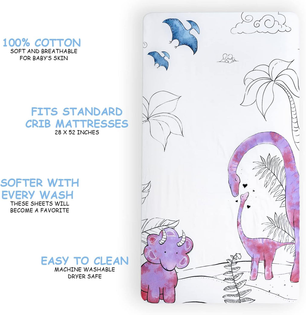 - Fitted Crib Sheet, Super Soft Breathable 100% Cotton Baby Crib Sheet for Standard Crib Mattresses and Toddler Beds, 28 In. X 52 In. - Pink Dinosaur