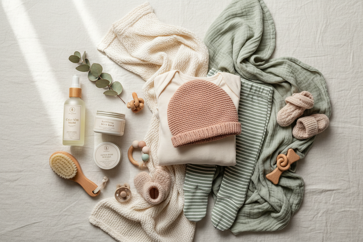Mom and baby essentials flat lay